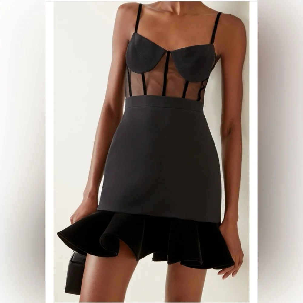 NWOT David Koma Black Mini Ruffle-Hem Dress UK 10 US 6 - Picture 2 of 7